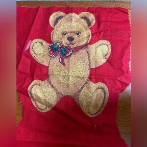Vintage Christmas Fabric. Teddy Bears on red background. Appliqué to shirt, etc